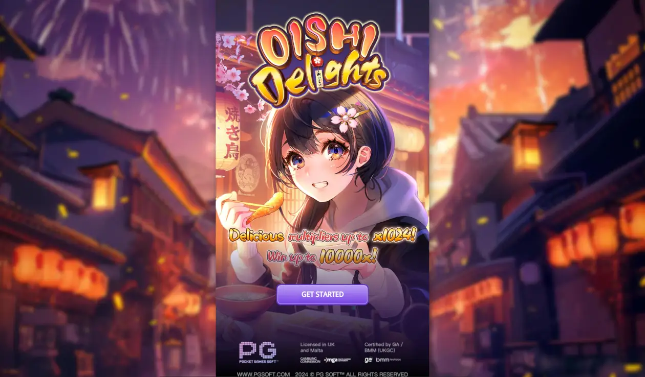 Arte principal de Oishi Delights com tema de festival e barraca de comida